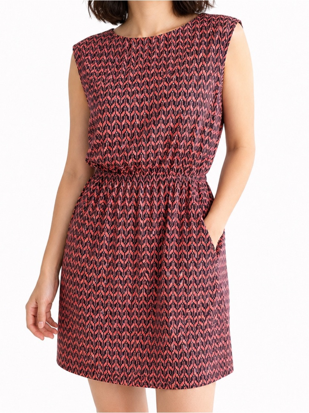 Peppermint Chevron Print Salmon Pink Sleeveless Dress Size L Open Back Pockets